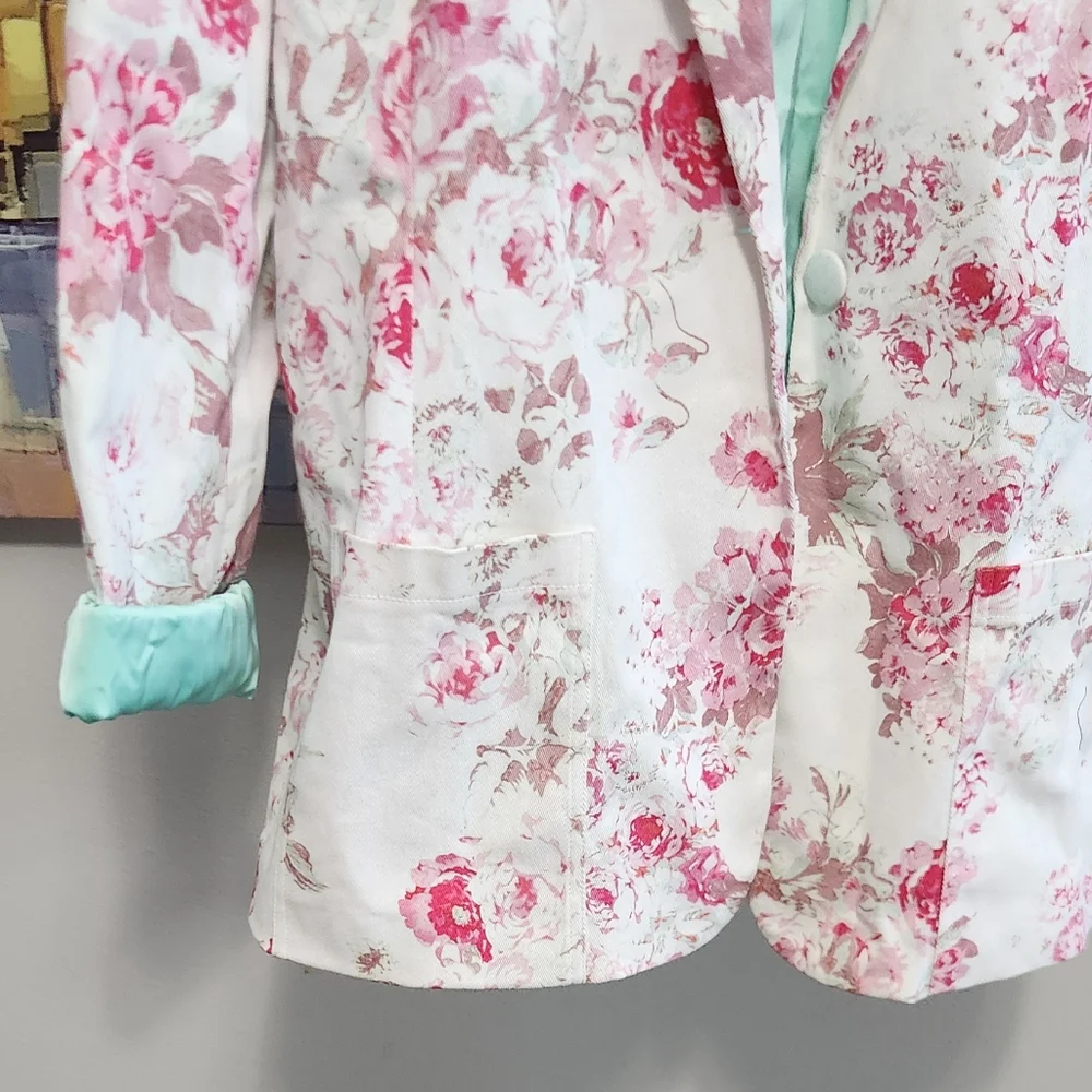New!For Love And Lemons Weston Denim Floral‎ Women's Blazer - Pink and White
